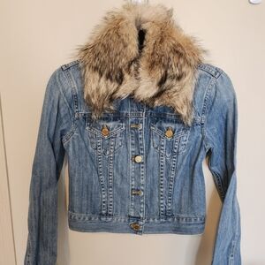 Michael Kors Blue Jean Jacket with Removable Real Fur Collar